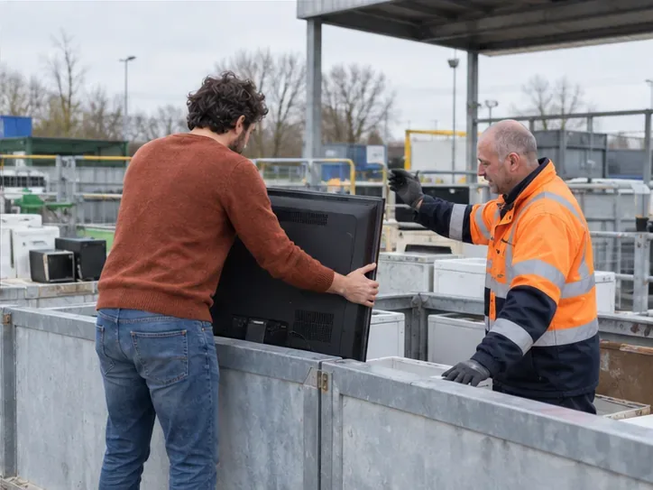 Een inwoner levert een grote televisie in bij een milieustraat terwijl een medewerker aanwijzingen geeft