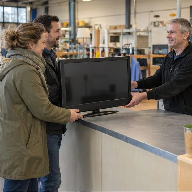 Twee mensen geven een televisie af aan een medewerker bij een kringloopinnamebalie