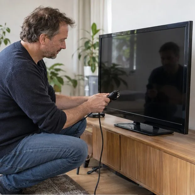 Een bewoner controleert de aansluitkabel en het intacte scherm van een televisie