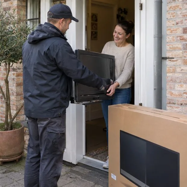 Een bezorger haalt een oude televisie op bij de voordeur terwijl een nieuwe televisiedoos klaarstaat