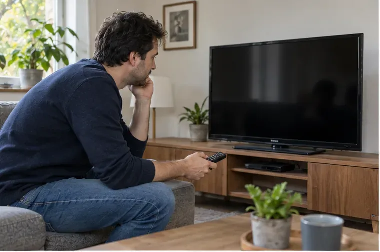 Een oude flatscreentelevisie in een woonkamer terwijl de eigenaar bekijkt of het toestel nog bruikbaar is.