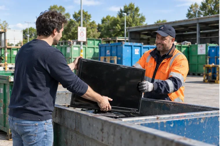 Een medewerker van een milieustraat neemt een oude flatscreentelevisie over bij containers voor gescheiden afval.