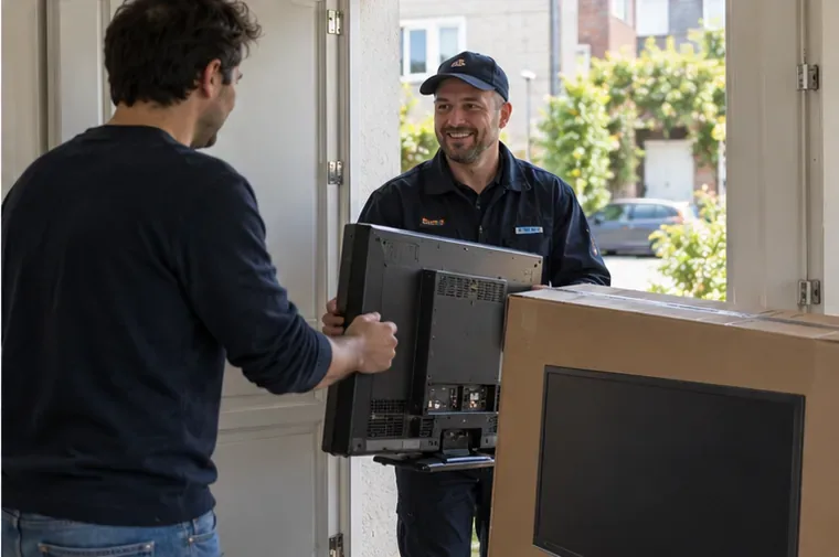 Een bezorger staat bij een voordeur met een oude televisie terwijl een doos met een nieuwe televisie klaarstaat.