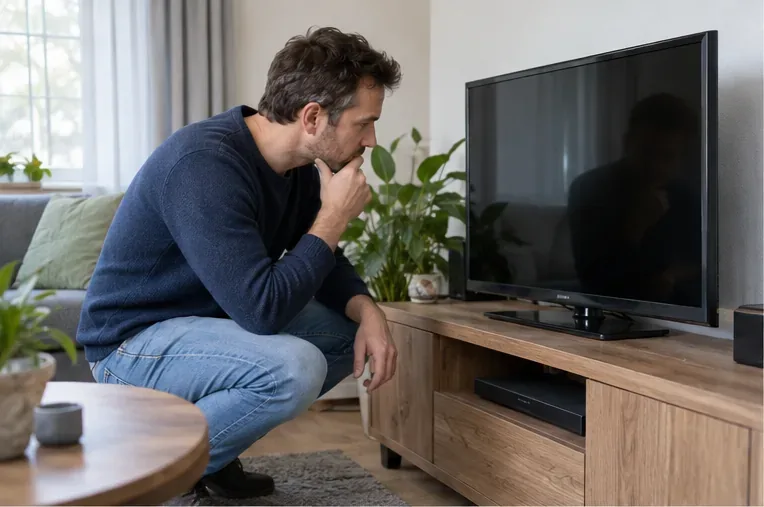 Een persoon bekijkt een oude televisie in een woonkamer voordat hij beslist tussen hergebruik en wegbrengen