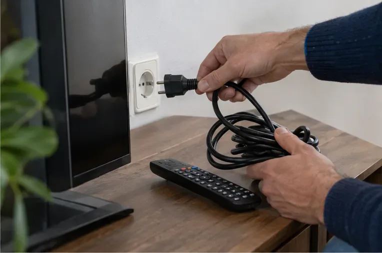 Handen trekken de stekker van een televisie uit het stopcontact terwijl de kabel en afstandsbediening worden verzameld