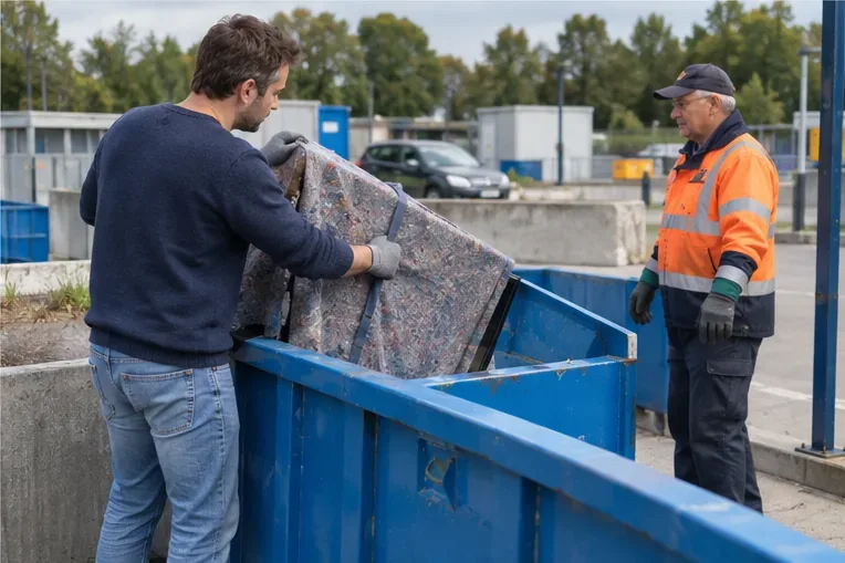 Een inwoner plaatst een met een deken beschermde televisie in een container voor elektrische apparaten bij een milieustraat