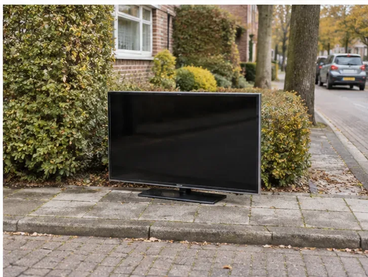 Een grote flatscreentelevisie staat op de stoep langs een woonstraat