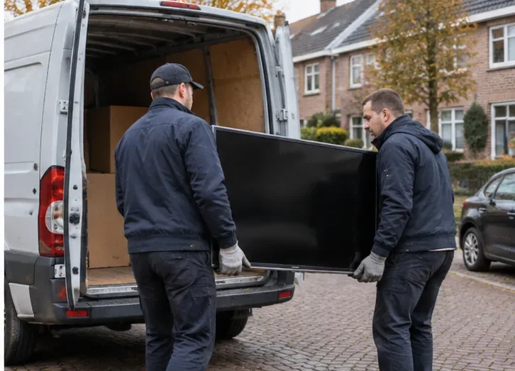 Twee bezorgers dragen een grote flatscreentelevisie naar een bestelbus