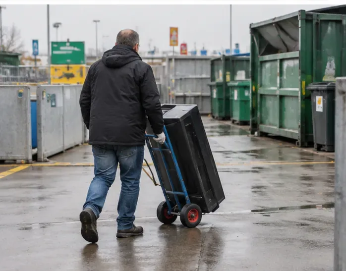 Een man rijdt een grote televisie op een steekwagen over een terrein met afvalcontainers