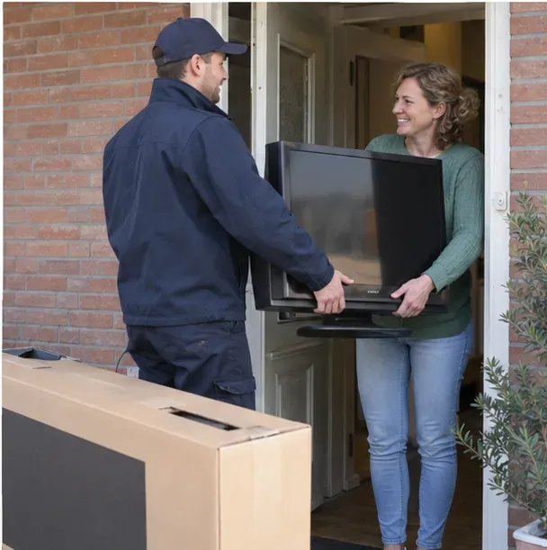 Bezorger en bewoner dragen samen een oude televisie bij de voordeur terwijl een nieuwe doos klaarstaat