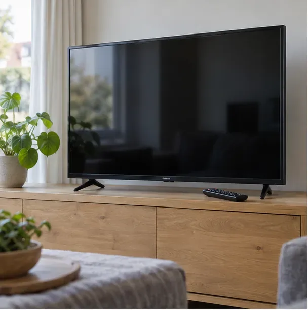 Werkende platte televisie op een houten kast met een afstandsbediening ervoor