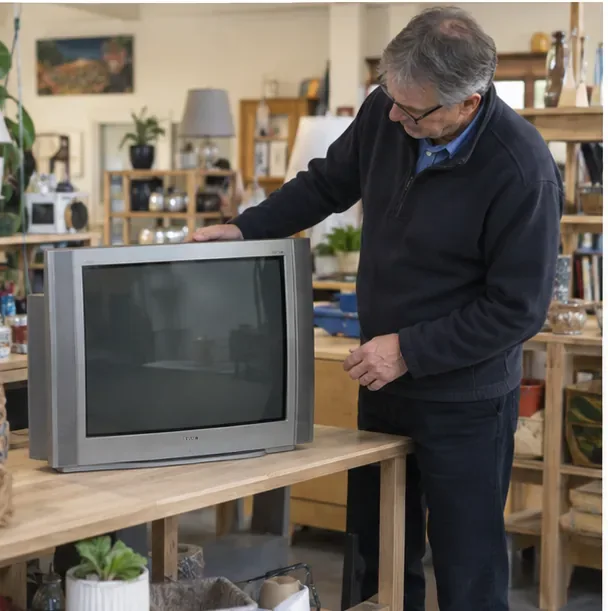 Oude beeldbuistelevisie wordt door een medewerker bekeken in een kringloopwinkel