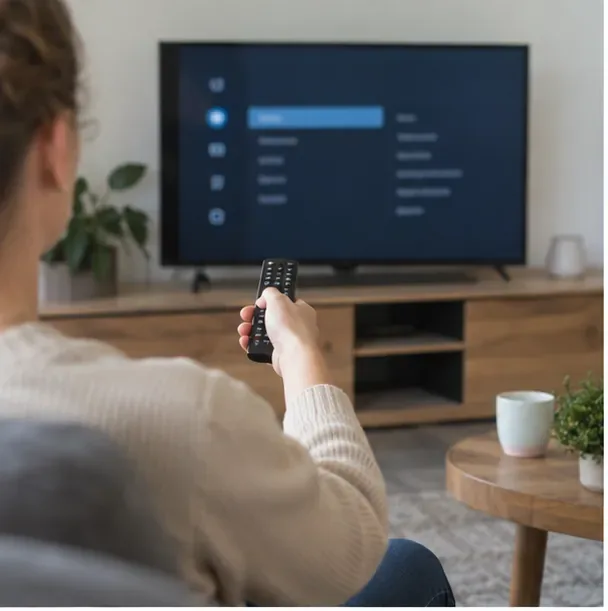 Persoon gebruikt een afstandsbediening bij een vaag weergegeven instellingenmenu op een televisie
