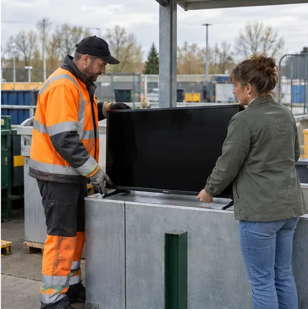 Medewerker in veiligheidskleding neemt een grote televisie aan bij een recyclinglocatie