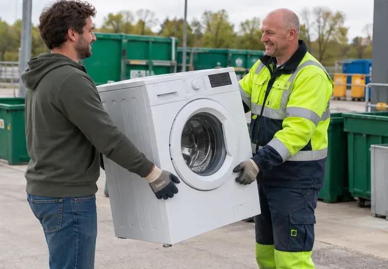 Een wasmachine wordt bij een neutraal inzamelpunt overgedragen aan een medewerker