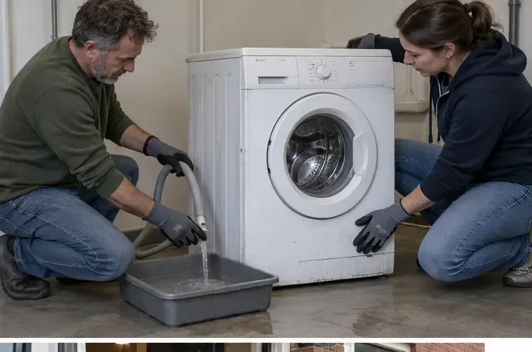 Twee volwassenen koppelen de watertoevoer en afvoerslang van een uitgeschakelde wasmachine los boven een lage opvangbak.
