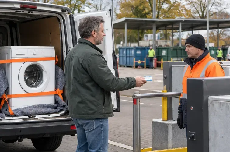 Een bewoner toont een afvalpas bij een toegangspoort, met een vastgezette wasmachine in de bestelbus.
