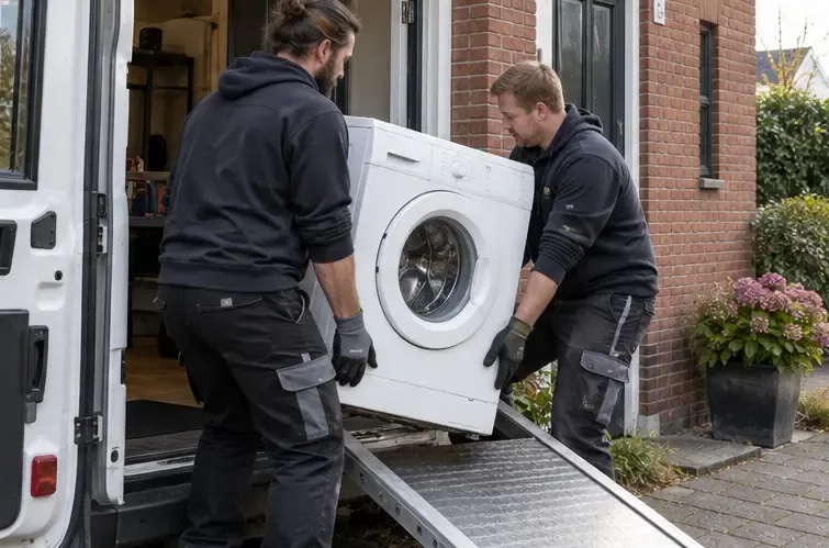 Twee medewerkers verplaatsen een wasmachine vanuit een woning via een laadklep naar een bestelbus.