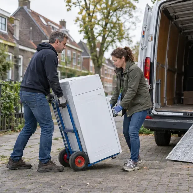 Twee volwassenen verplaatsen een wasmachine met een steekwagen naar een bestelbus