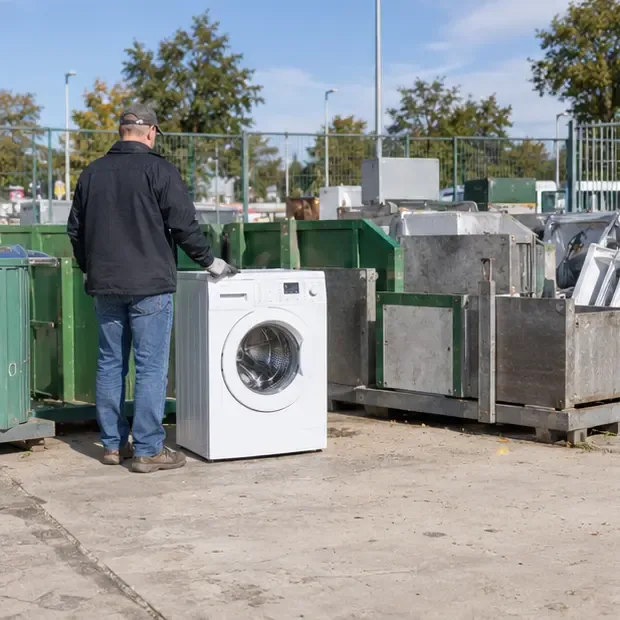 Een wasmachine staat apart bij grote elektrische apparaten op een gemeentelijk milieustation