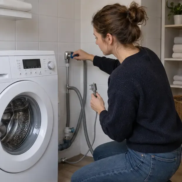 Een persoon draait de watertoevoer van een wasmachine dicht en houdt de stekker los van het stopcontact