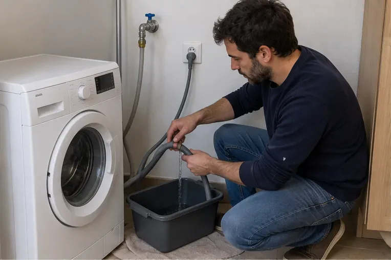 Een wasmachine wordt losgekoppeld terwijl restwater uit een slang in een opvangbak loopt.