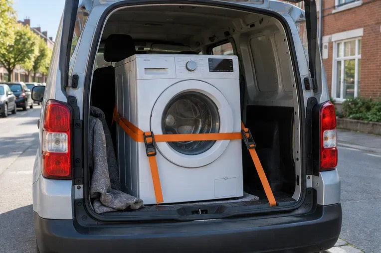 Een wasmachine staat rechtop en met spanbanden vastgezet in de laadruimte van een bestelwagen.