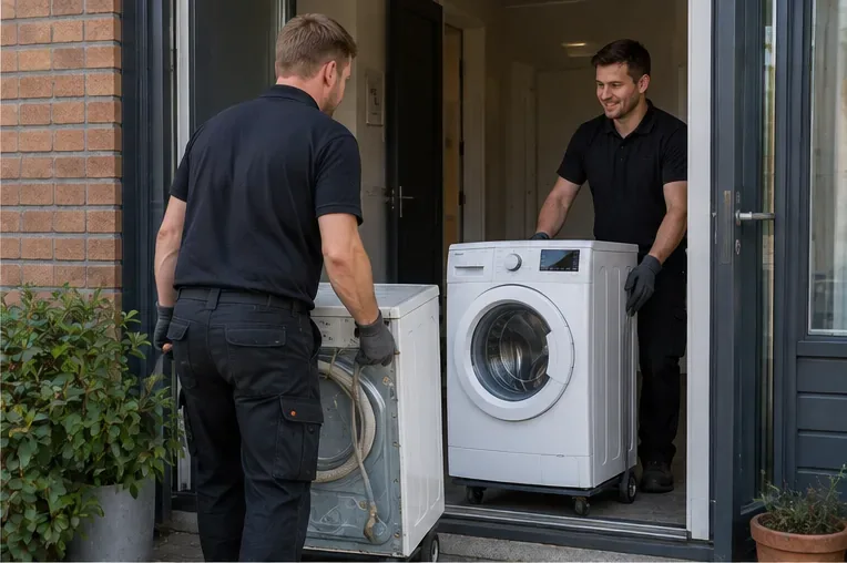Twee verhuizers brengen een losgekoppelde wasmachine door een deuropening naar buiten.