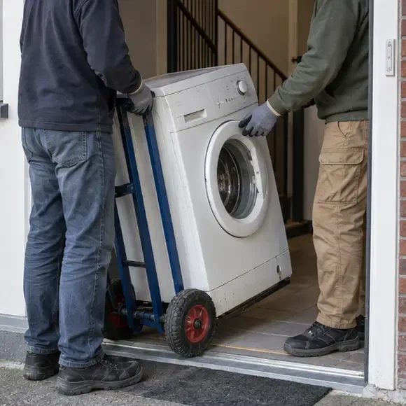 Twee volwassenen verplaatsen een wasmachine rechtop met een stevige apparatenkar door een deuropening