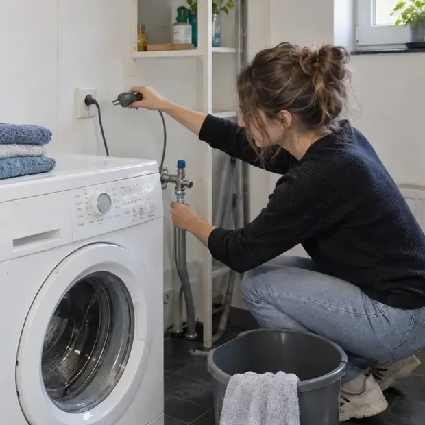 Een bewoner trekt de stekker van een wasmachine uit en sluit de watertoevoer af