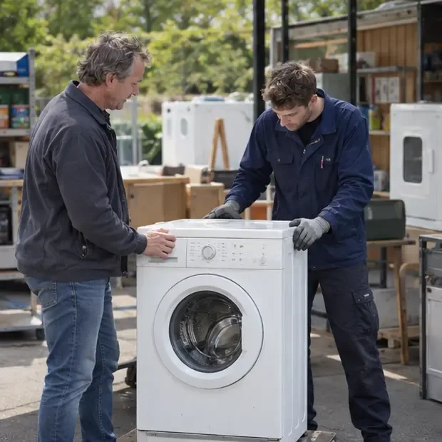 Een bewoner draagt een schone wasmachine over aan medewerkers van een hergebruikcentrum