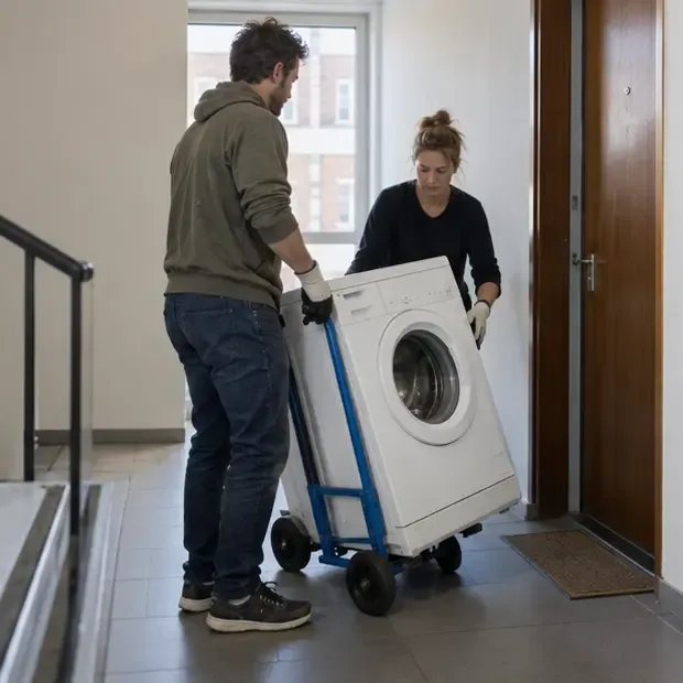 Twee personen verplaatsen een wasmachine met een steekwagen door een woning