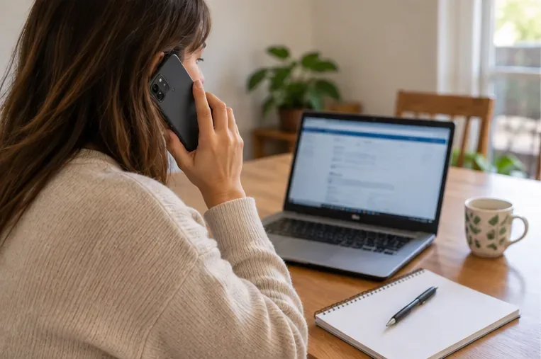 Bewoner belt voor een ophaalafspraak terwijl zij de gemeentelijke informatie op haar laptop bekijkt