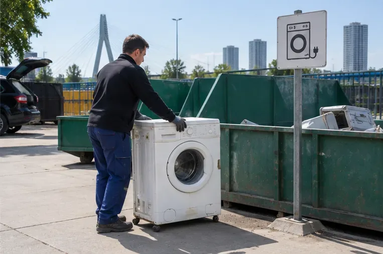 Oude wasmachine wordt bij een inzamelzone voor elektrische apparaten op een milieupark aangeboden