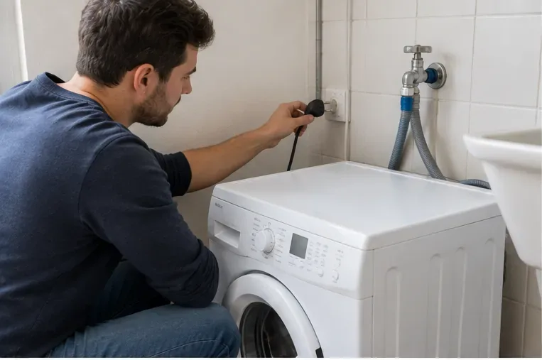 Bewoner trekt de stekker van een oude wasmachine uit het stopcontact voordat het apparaat wordt verplaatst