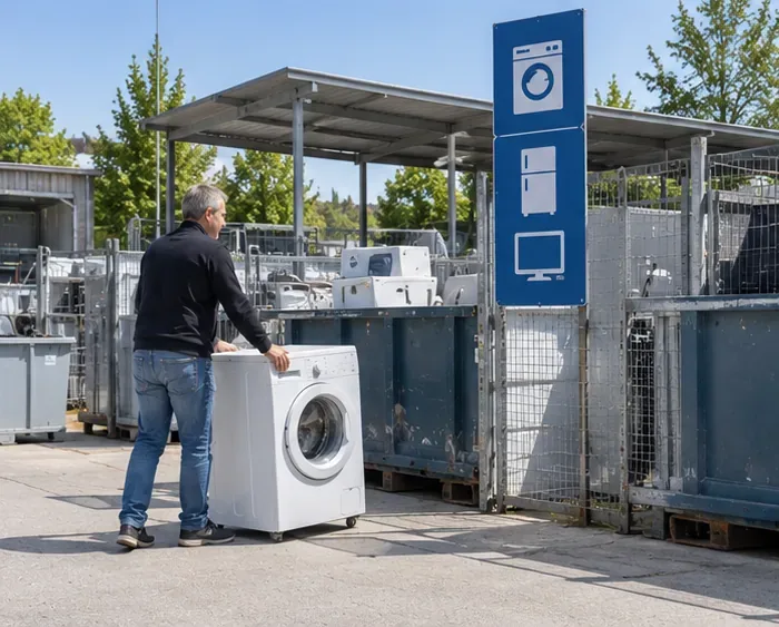 Man brengt een afgedankte wasmachine naar een afgescheiden inzamelvak voor grote elektrische apparaten bij een milieustation