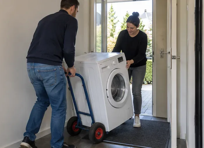 Twee volwassenen verplaatsen samen een wasmachine op een stevige steekwagen door een deuropening