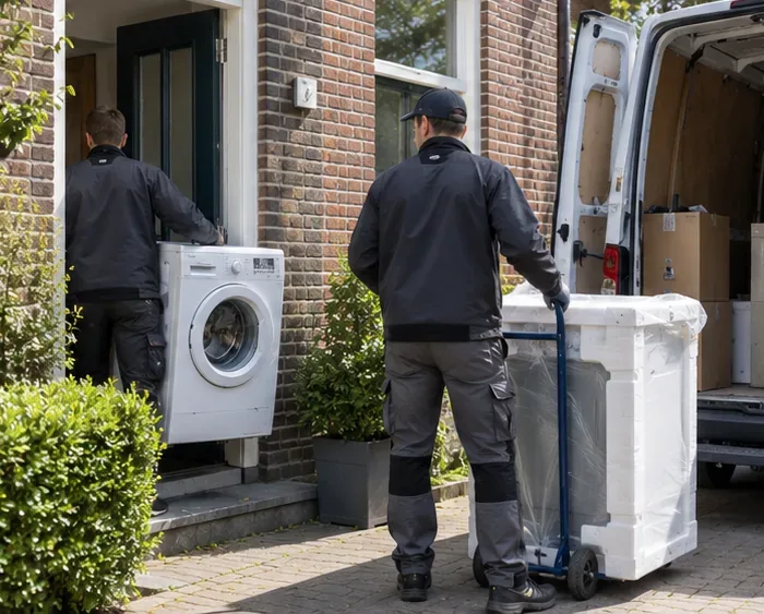 Bezorgers halen een oude wasmachine bij een woning op terwijl een nieuwe wasmachine klaarstaat voor levering