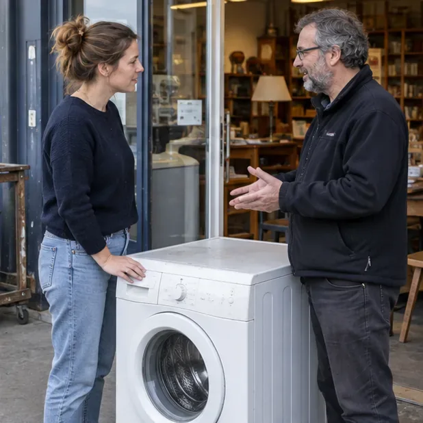 Een bewoner bespreekt een wasmachine met een medewerker bij de ingang van een kringloopwinkel