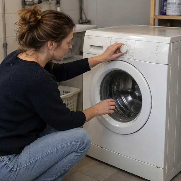 Een bewoner bekijkt het bedieningspaneel en de trommel van een oude wasmachine