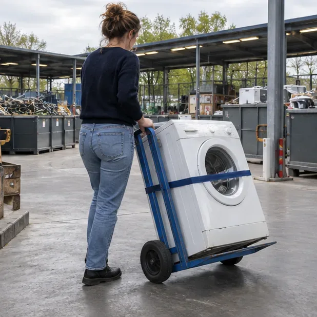 Een wasmachine staat rechtop en is met spanbanden vastgezet op een steekwagen bij een afvalscheidingsstation