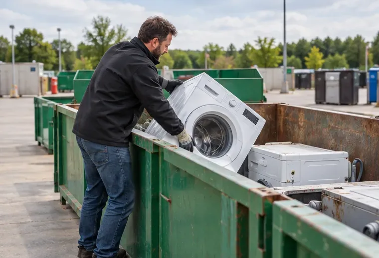 Een medewerker plaatst een oude wasmachine in een grote inzamelcontainer op een afvalbrengstation.