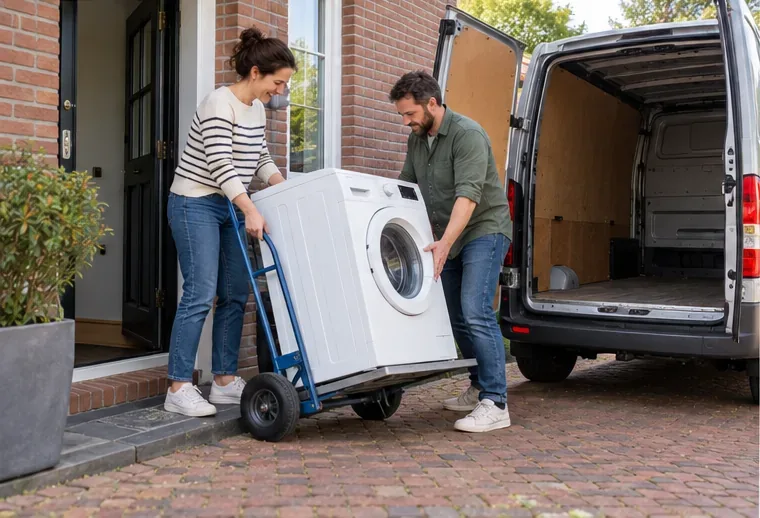 Twee volwassenen verplaatsen een wasmachine op een steekwagen naar een bestelbus.