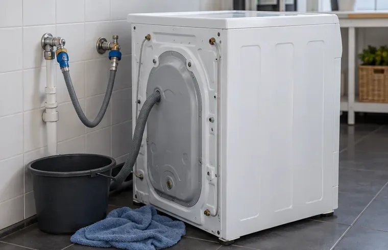 De achterkant van een wasmachine met waterslangen, een emmer en een doek op de vloer.