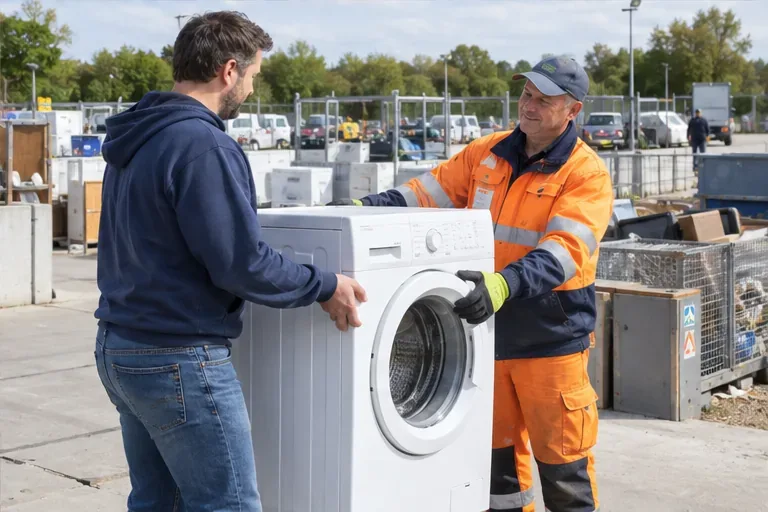 Een inwoner draagt een afgedankte wasmachine over bij een gemeentelijk recyclingterrein.
