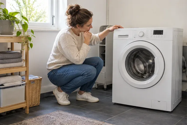 Een bewoonster bekijkt een nette, nog complete wasmachine voordat zij beslist of hergebruik mogelijk is.