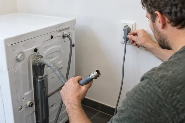 Een stekker wordt uit het stopcontact gehaald terwijl de watertoevoerslang van de wasmachine is losgekoppeld.