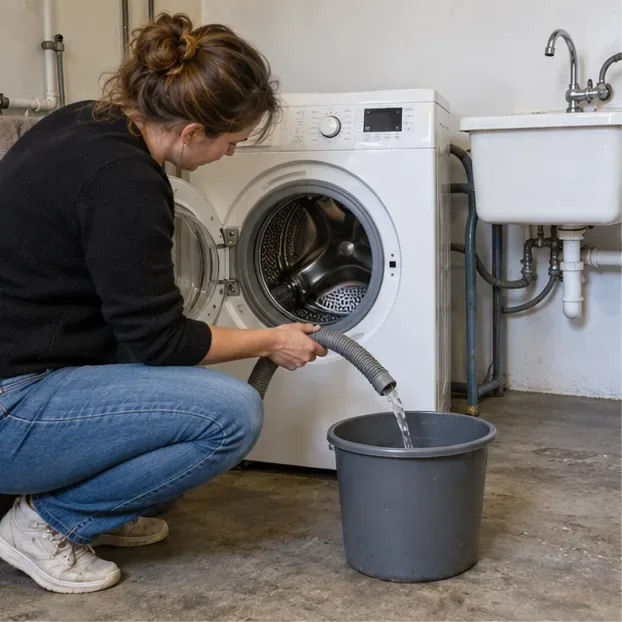 Een bewoner laat het restwater uit de slang van een wasmachine in een emmer lopen