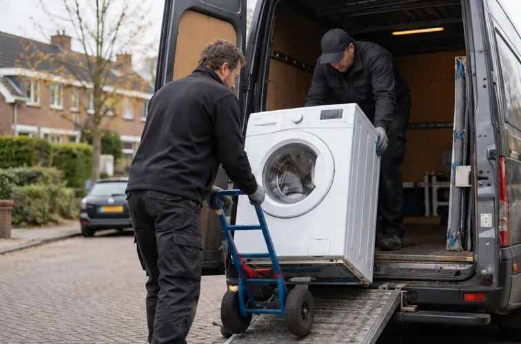 Twee verhuizers zetten een wasmachine met een steekwagen in een bestelbus