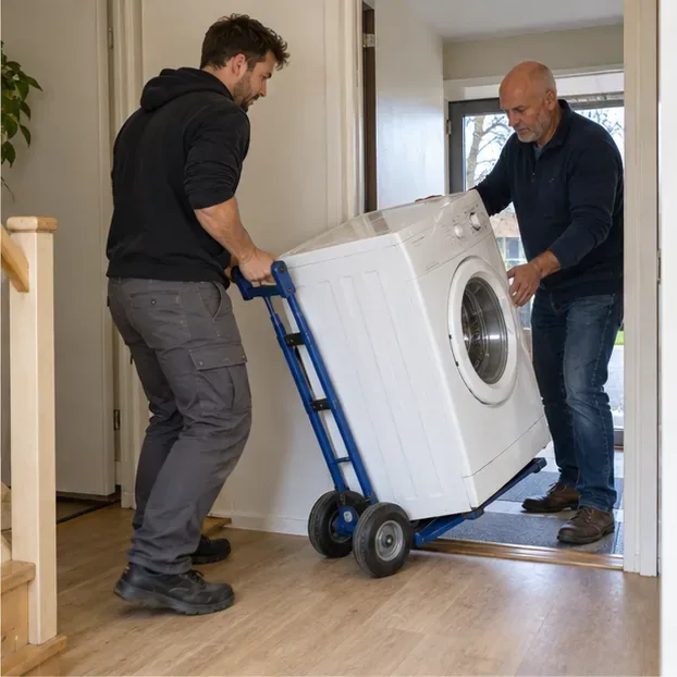 Twee volwassenen verplaatsen een wasmachine op een steekwagen door een deuropening